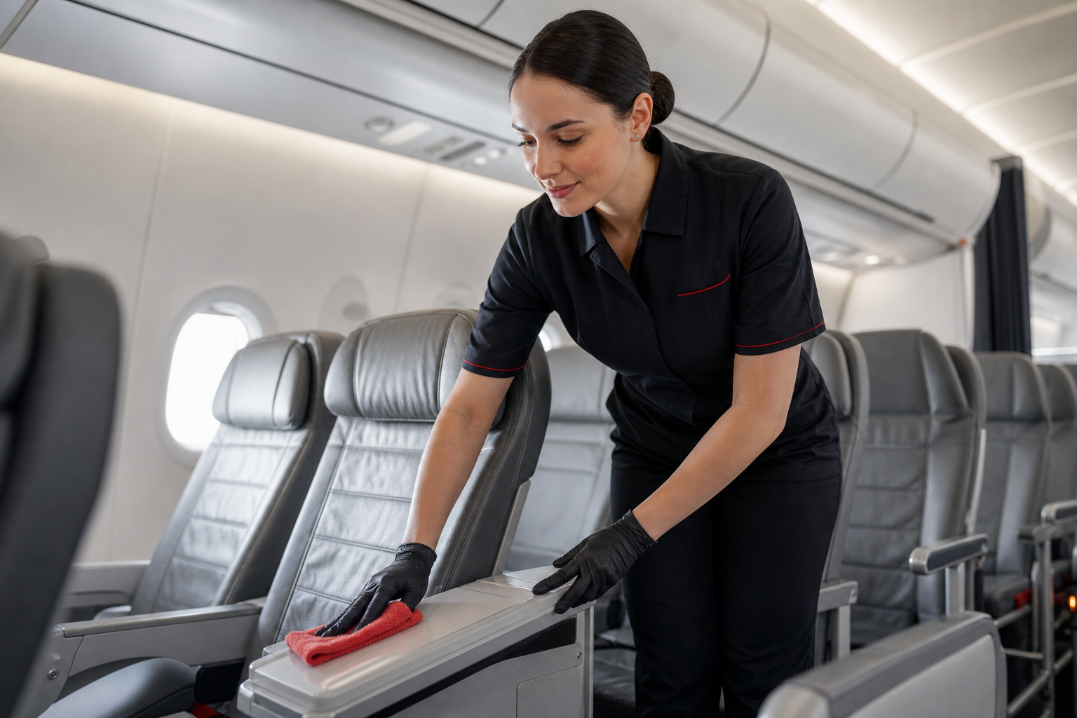 Aviation cabin cleaning staff inside an airplane